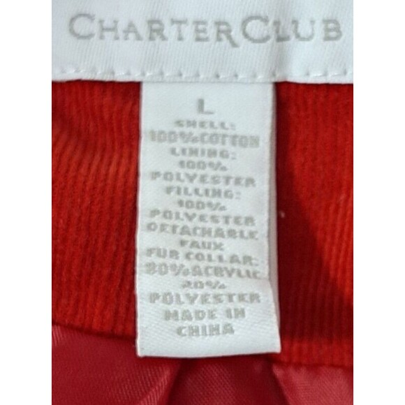 Charter Club Corduroy Puffer Vest Red Faux Fur Collar Women's Large - Picture 7 of 8
